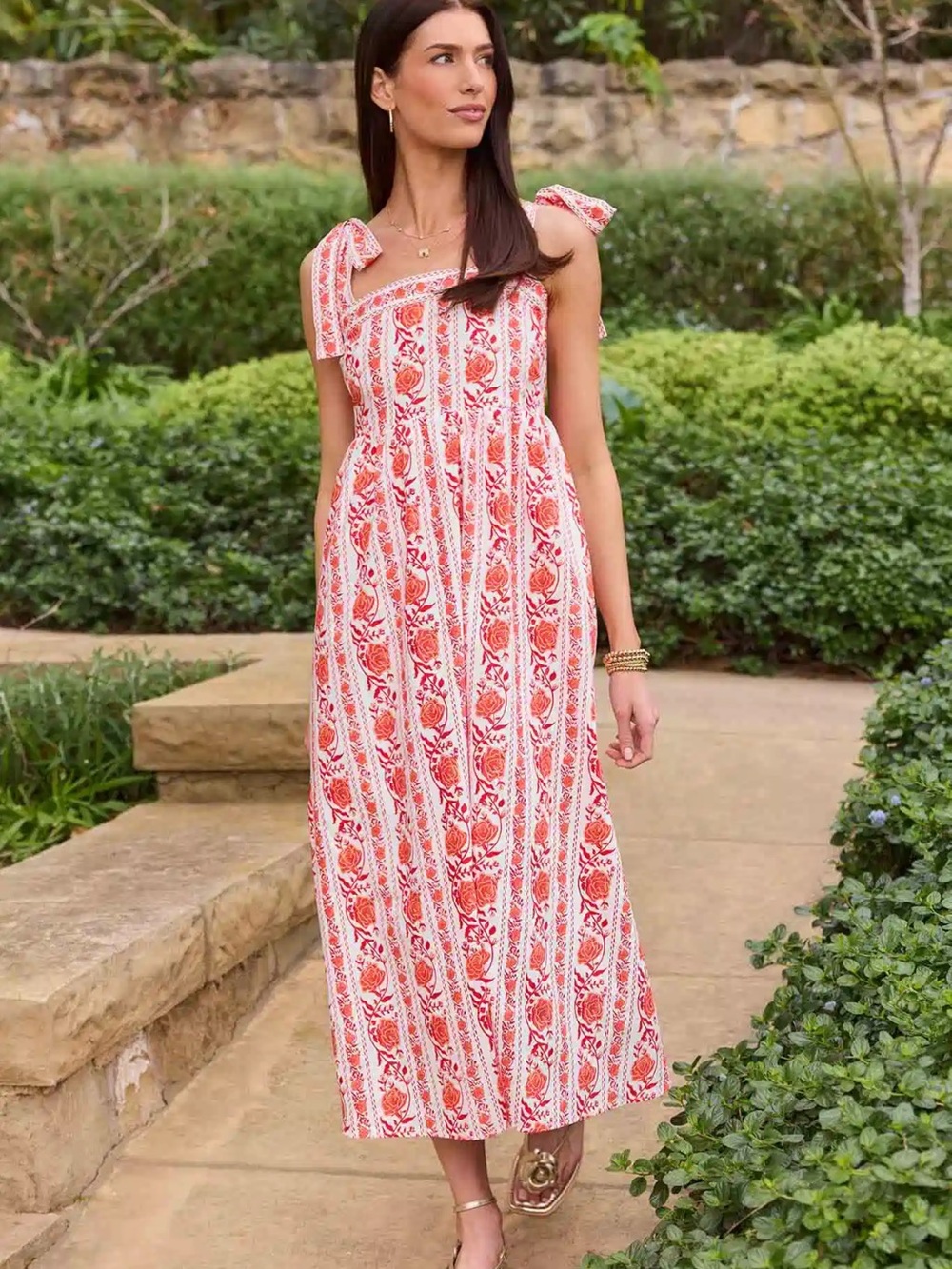 NWT Tie-Shoulder Midi Dress in Coral and White